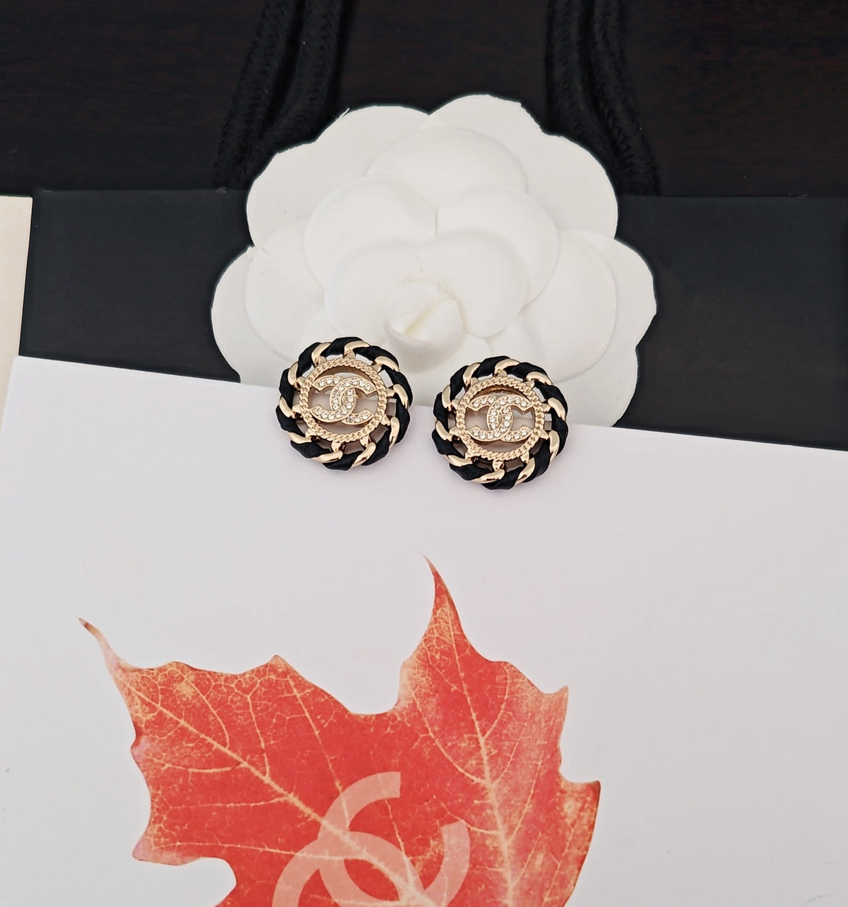 Round Stud Earrings in Gold-Tone – Black Detail styled product view