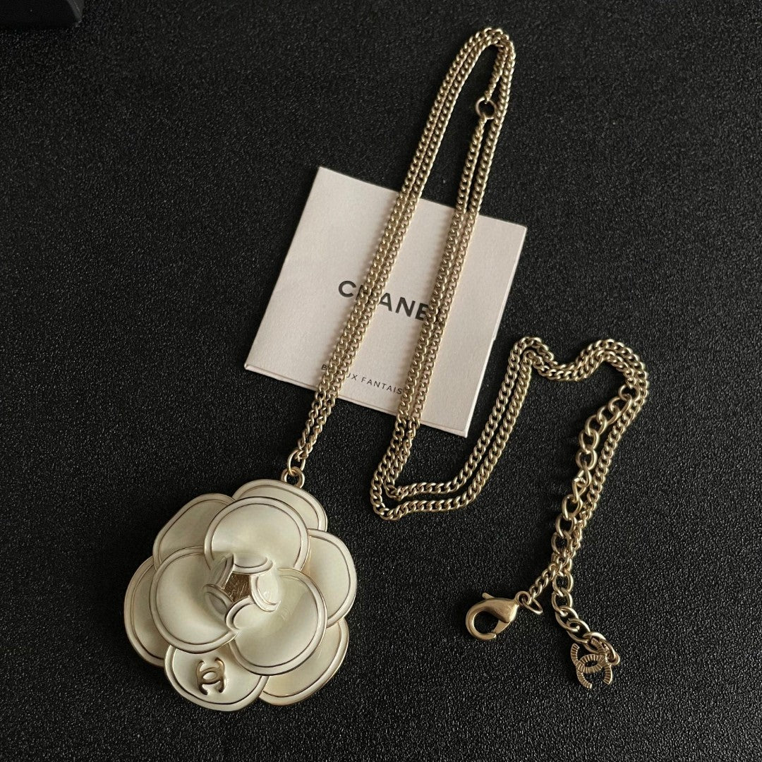 Camellia Pendant Necklace in Polished Metal-Tone – Camellia Detail – Design 026 detail view