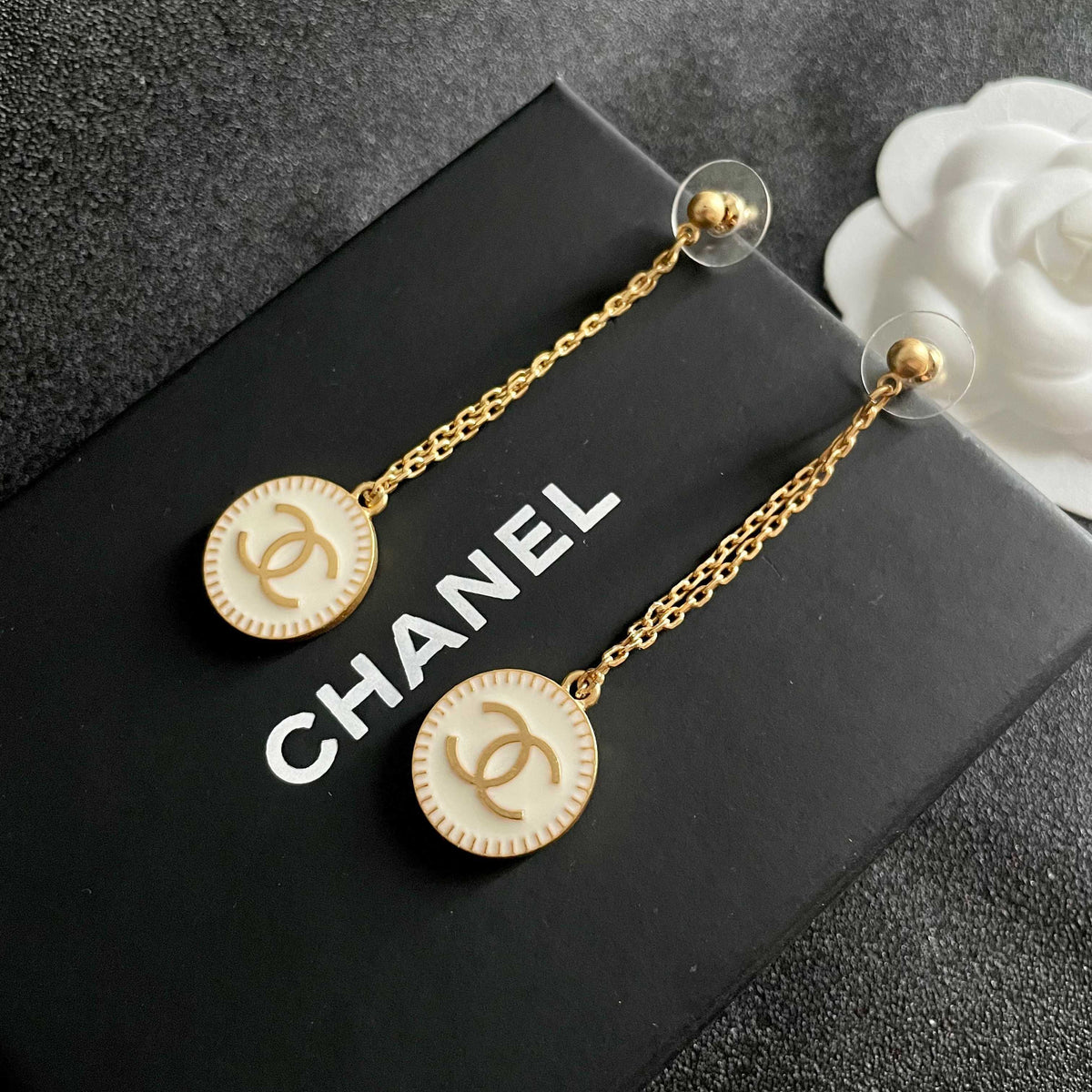 Double-C Emblem Statement Earrings in Polished Metal-Tone – Design 009 front product view