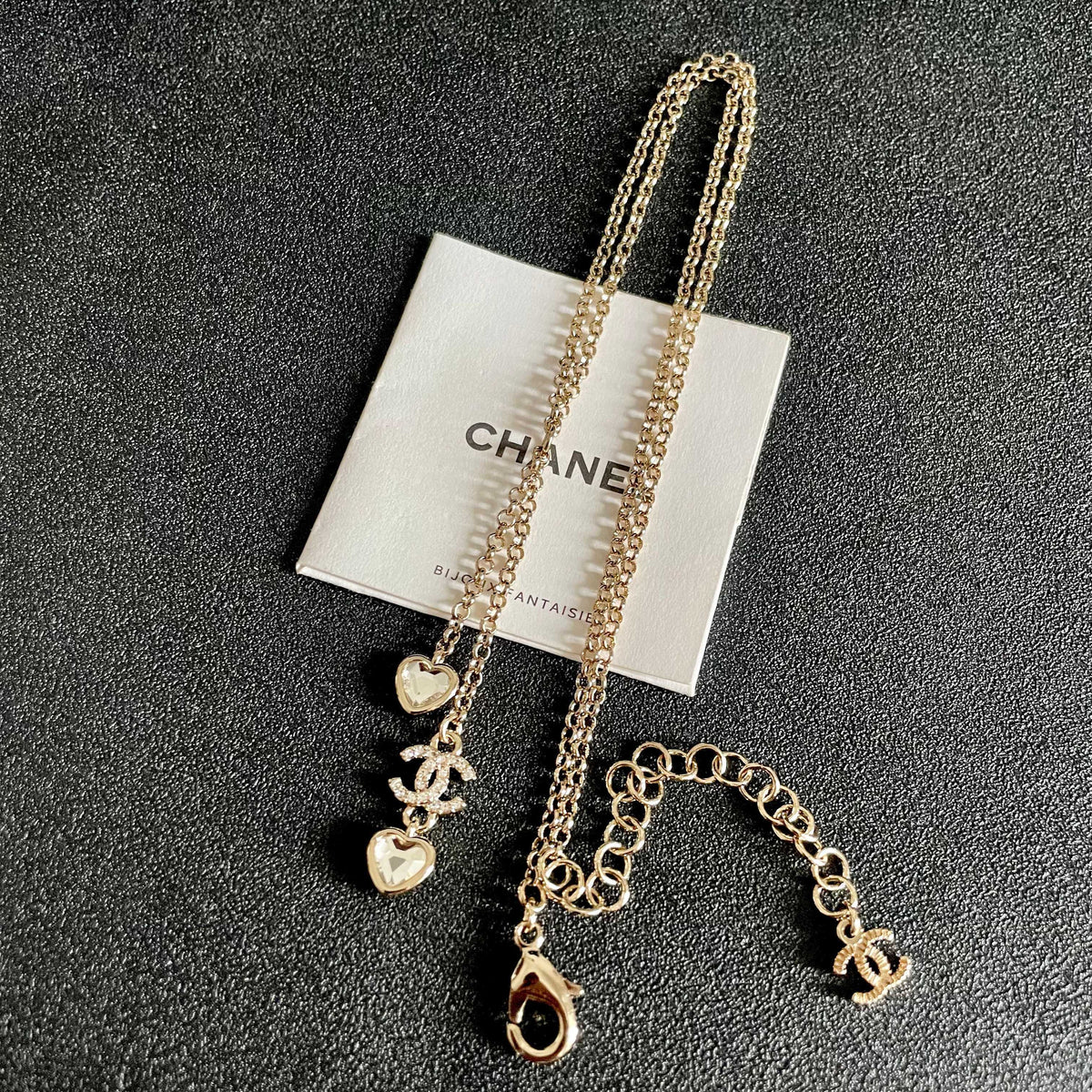 Double-C Emblem Crystal-Accent Pendant Necklace – Heart Detail – Design 005 detail view