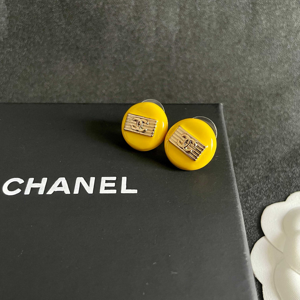 Signature Emblem Stud Earrings in Polished Metal-Tone – Design 071 detail view