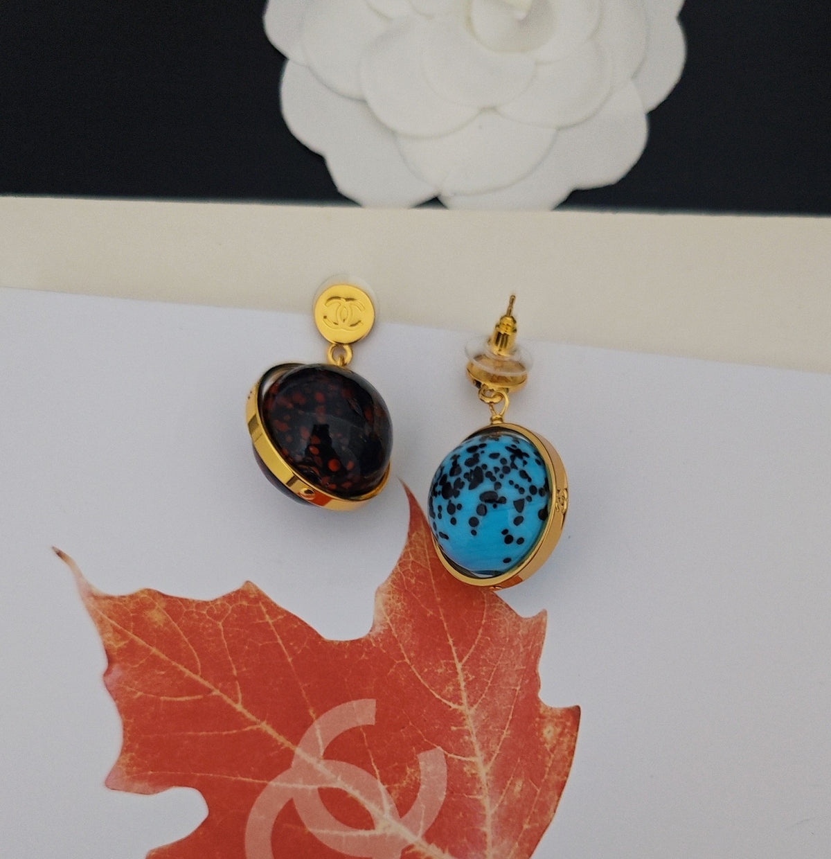 Signature Emblem Statement Earrings in Gold-Tone – Blue Detail – Design 002 styled product view