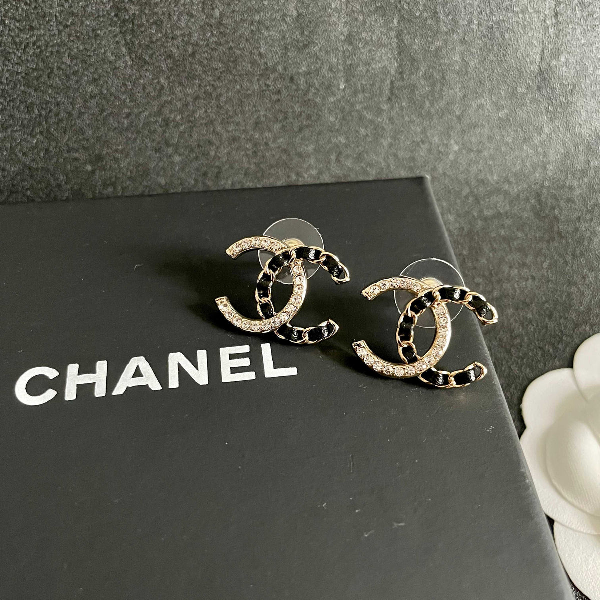 Double-C Emblem Crystal-Accent Stud Earrings – Design 007 detail view