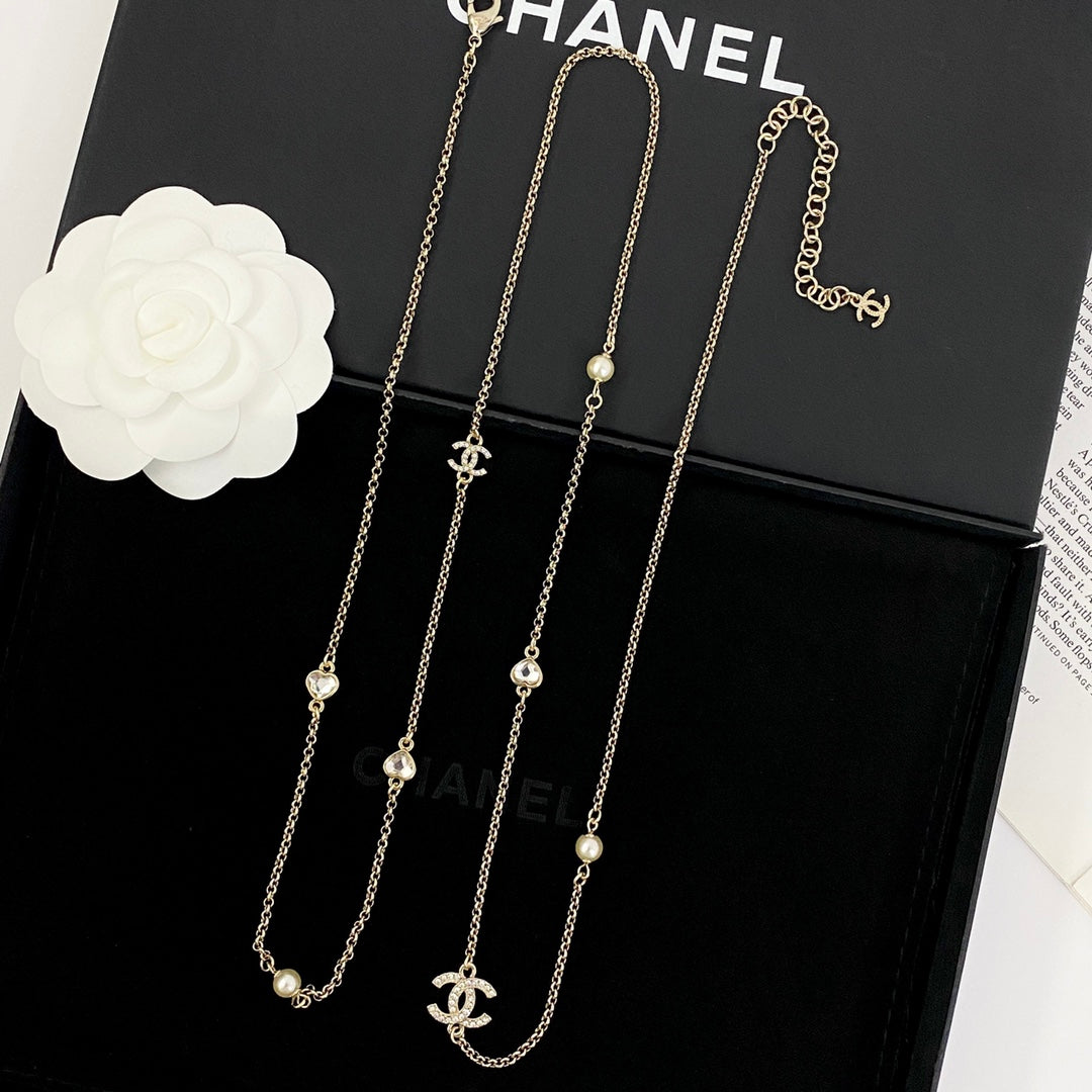 Double-C Emblem Pearl-Detail Pendant Necklace – Pearl Detail – Design 085 front product view