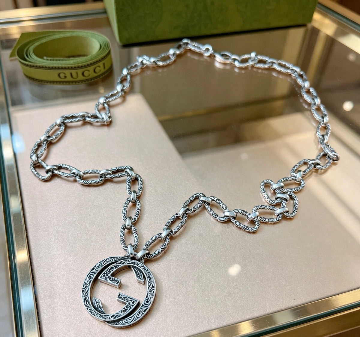 Double-G Emblem Pendant Necklace in Polished Metal-Tone – Design 118 detail view