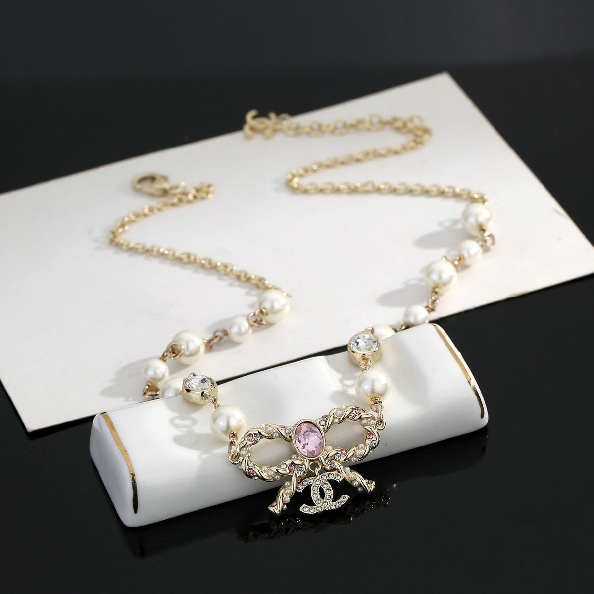 Bow Pearl-Detail Pendant Necklace – Pearl Detail – Design 005 front product view
