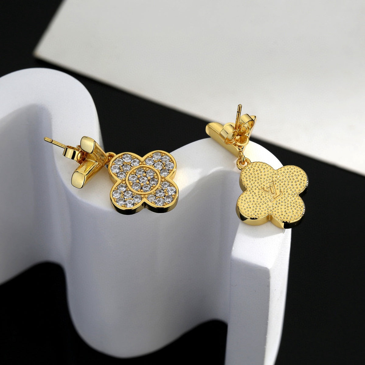 Geometric Emblem Stud Earrings in Polished Metal-Tone – Design 028 styled product view