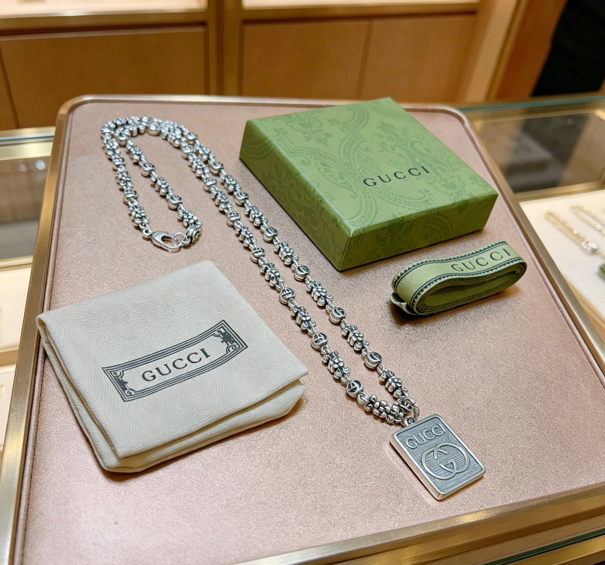 Double-G Emblem Pendant Necklace in Polished Metal-Tone – Vintage Detail – Design 050 front product view