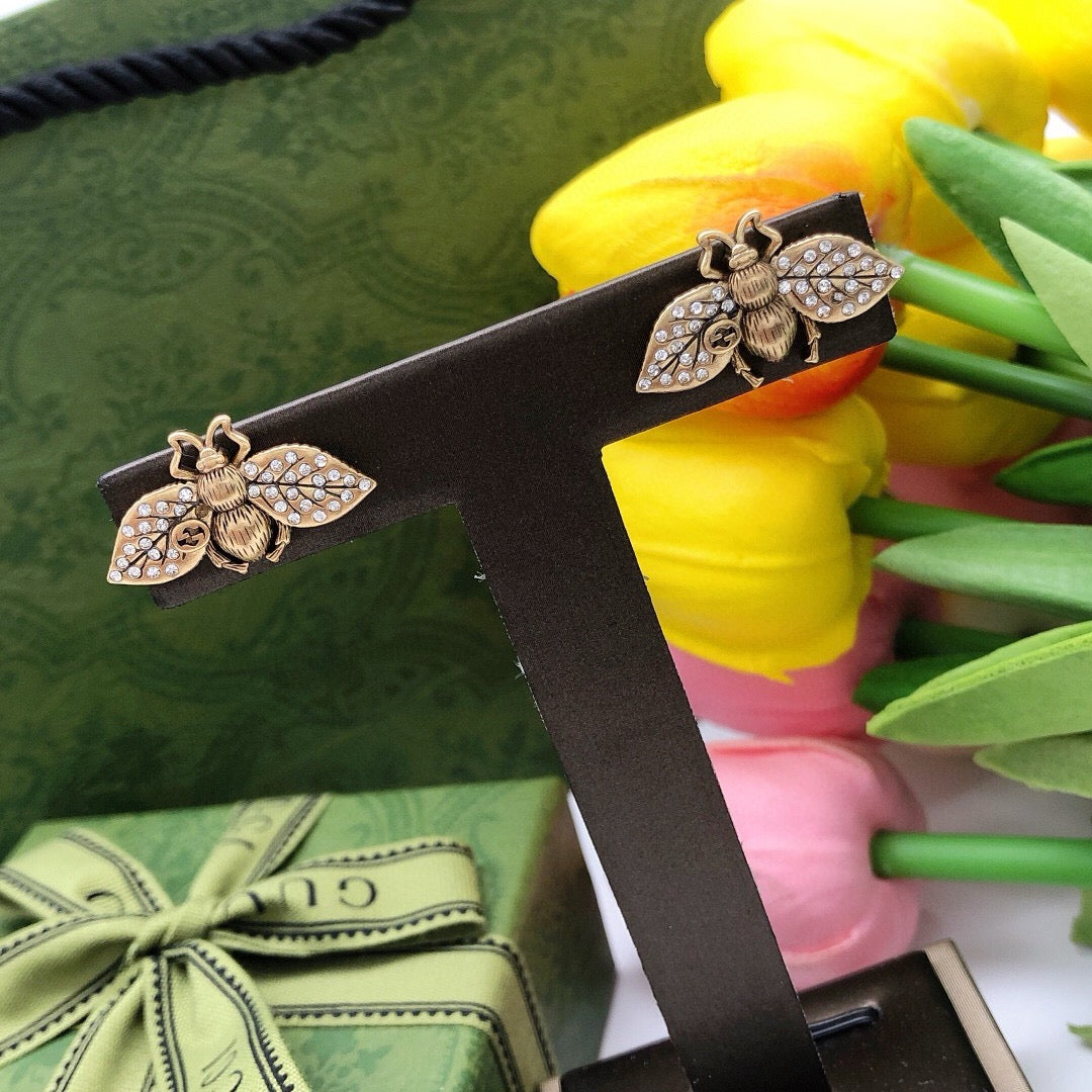 Bee Stud Earrings in Polished Metal-Tone – Bee Detail – Design 004 styled product view