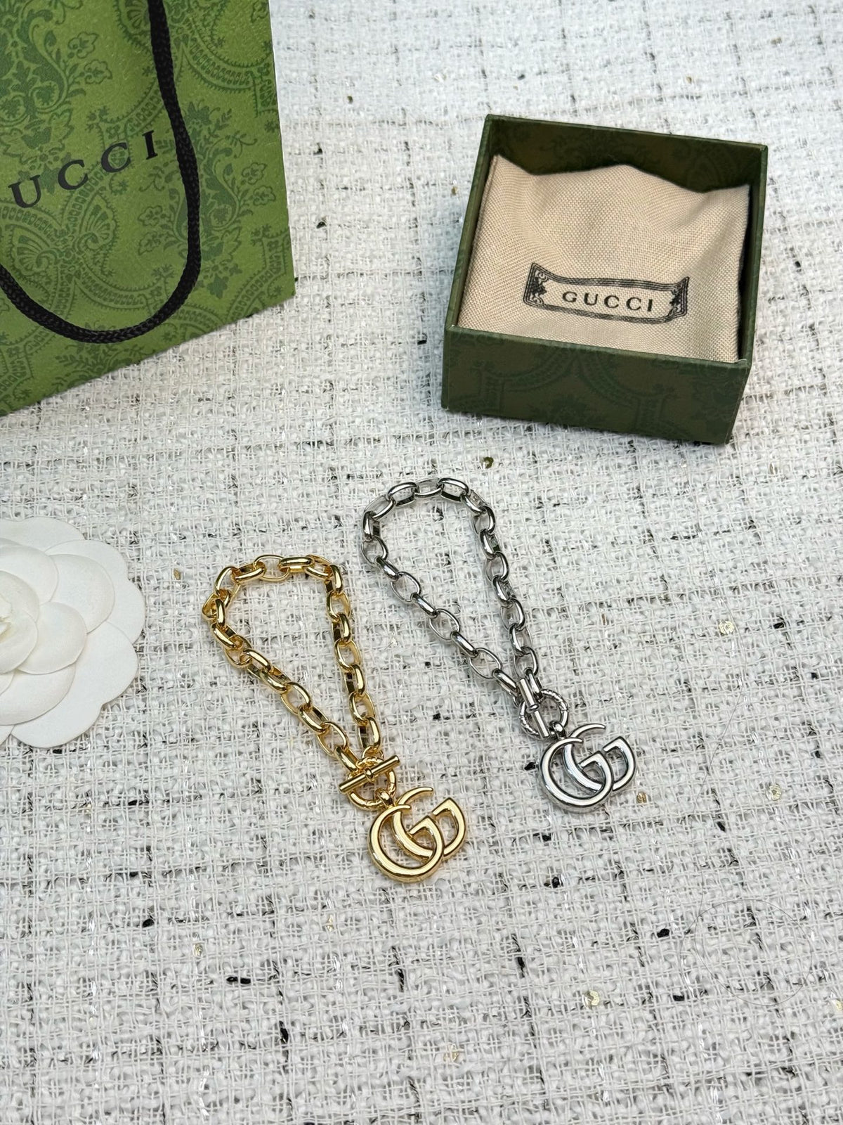 Double-G Emblem Bracelet in Polished Metal-Tone – Vintage Detail – Design 008 front product view