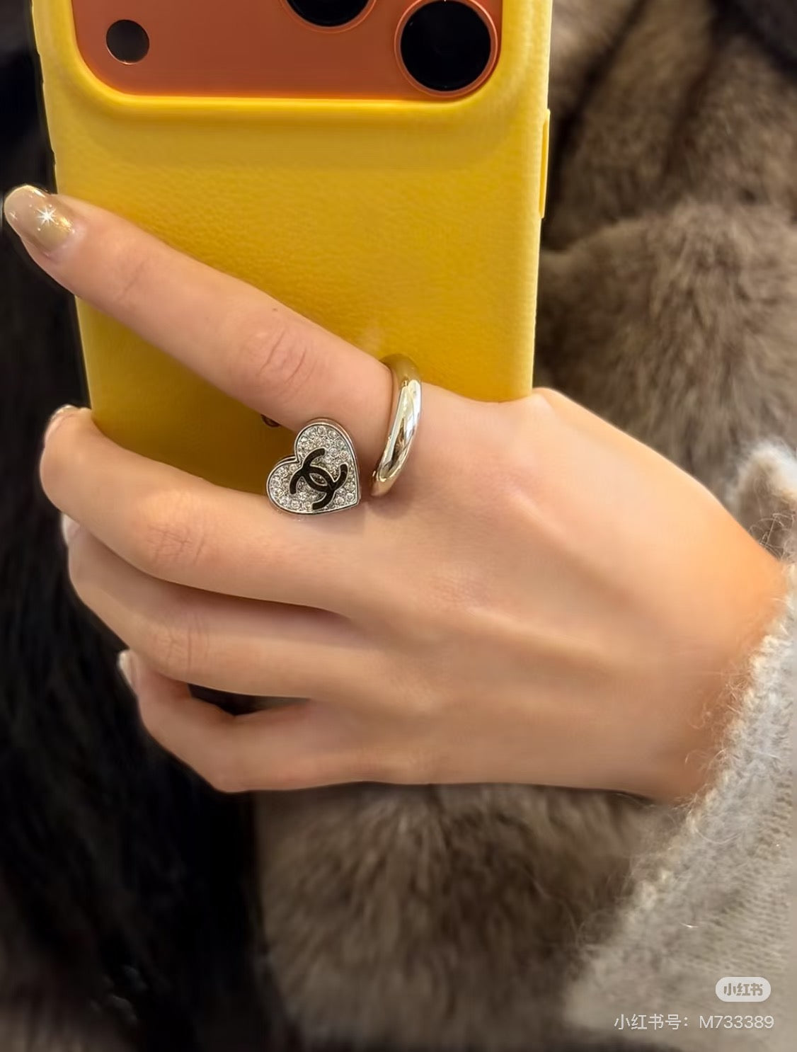 Double-C Emblem Statement Ring in Polished Metal-Tone – Heart Detail – Design 003 front product view