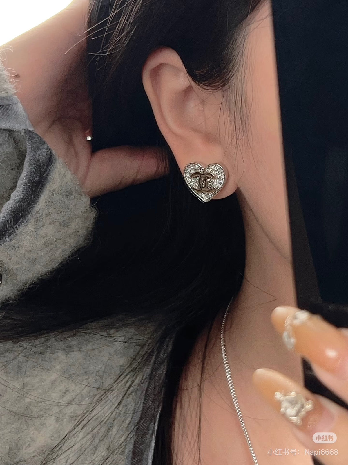 Double-C Emblem Crystal-Accent Stud Earrings – Heart Detail – Design 005 front product view