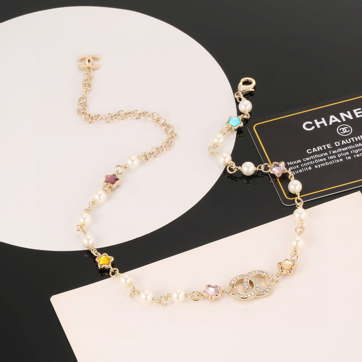 Double-C Emblem Pearl-Detail Pendant Necklace – Pearl Detail – Design 103 front product view
