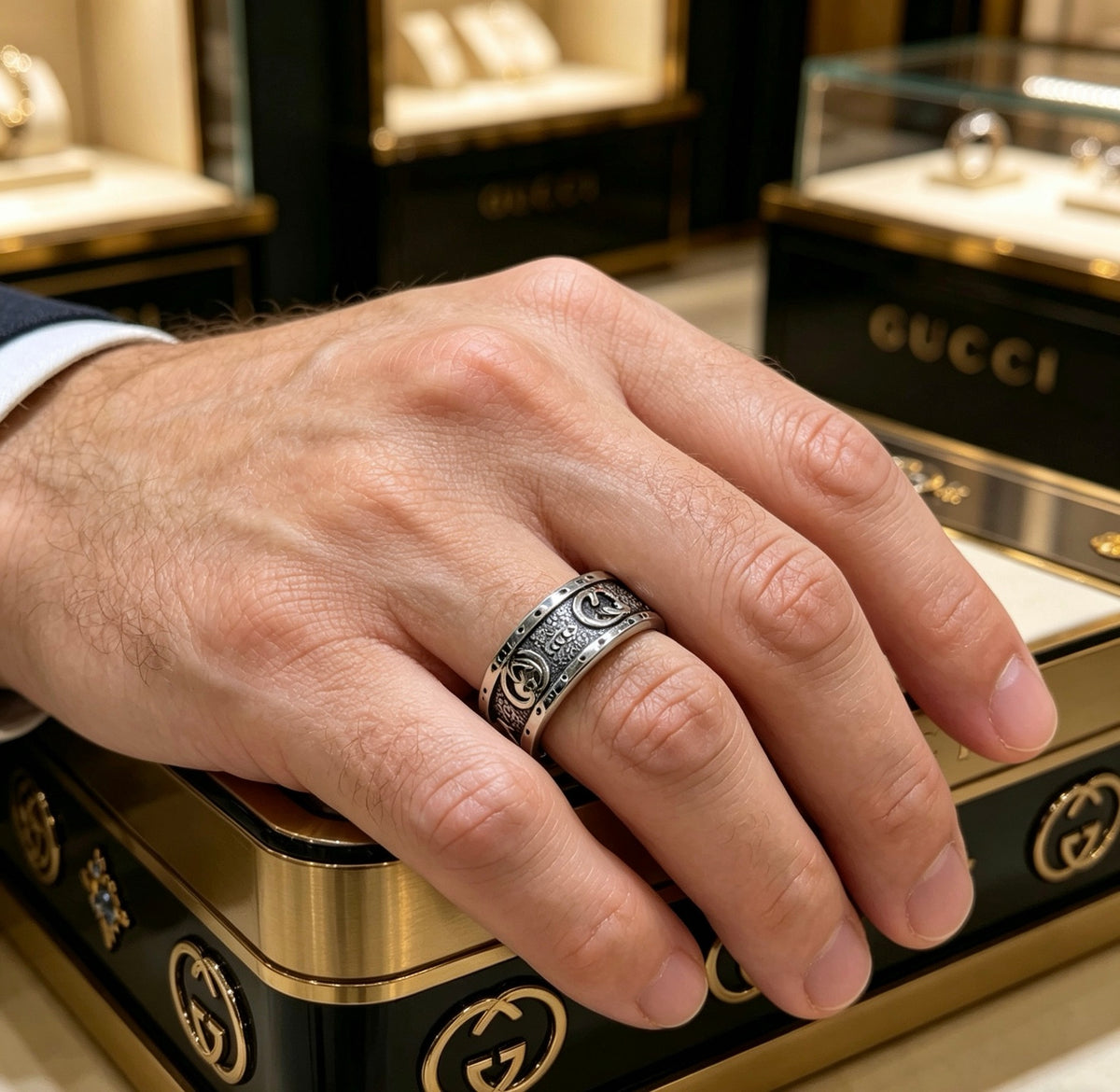 Double-G Emblem Statement Ring in Polished Metal-Tone – Design 003 detail view