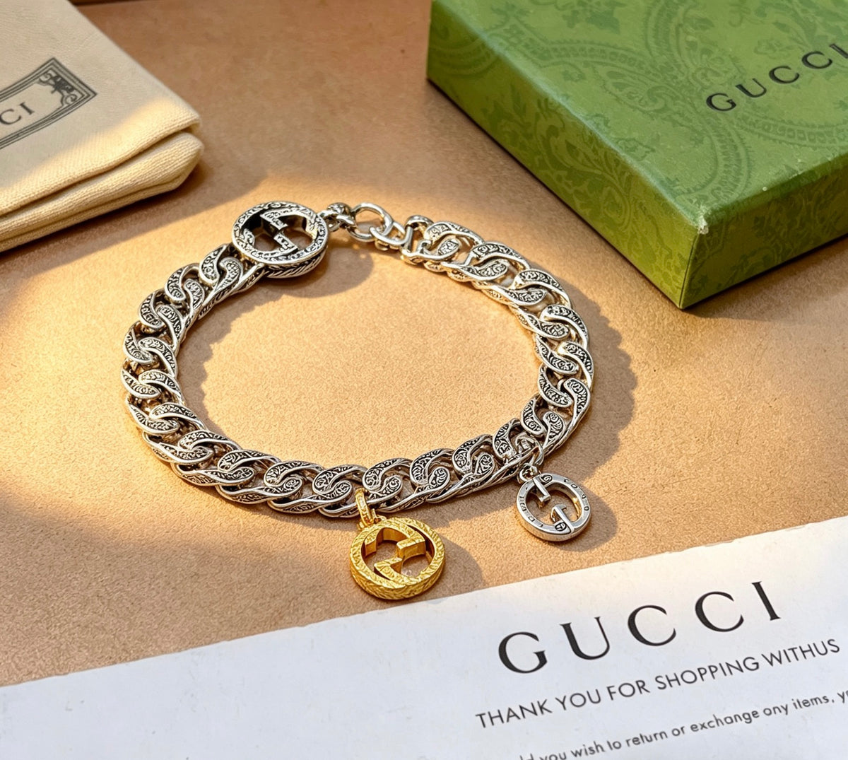 Geometric Emblem Bracelet in Polished Metal-Tone – Design 093 detail view