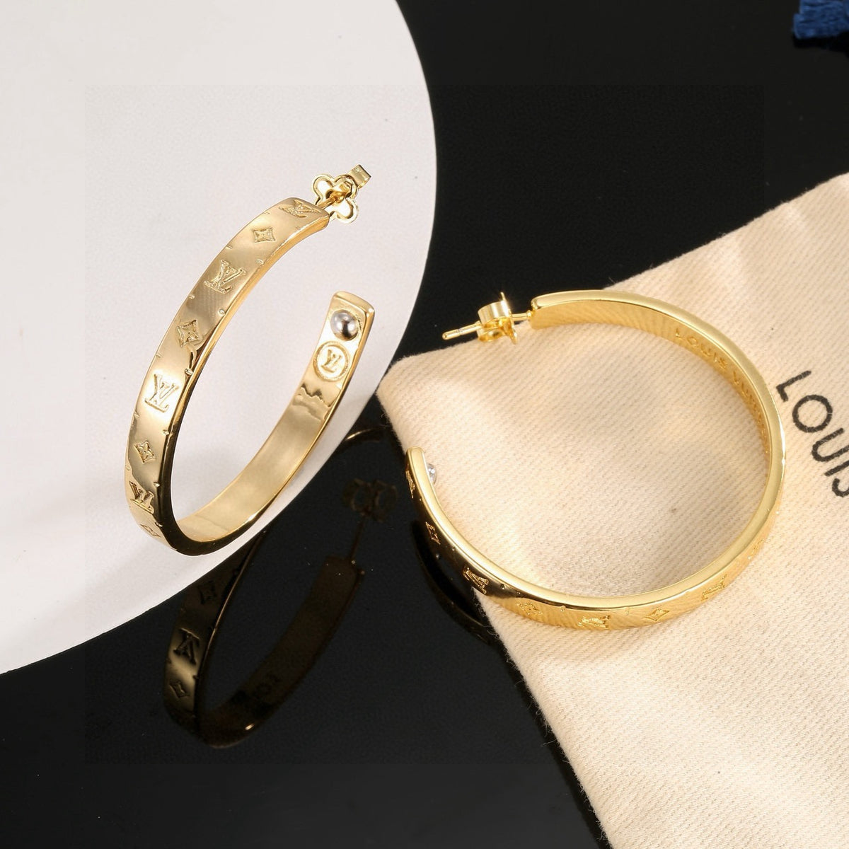 Letter Emblem Stud Earrings in Polished Metal-Tone – Design 014 main product view