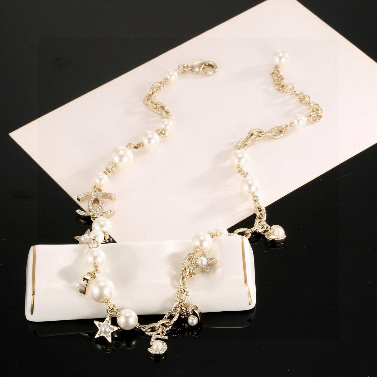 Double-C Emblem Pendant Necklace in Polished Metal-Tone – Star Detail – Design 004 main product view