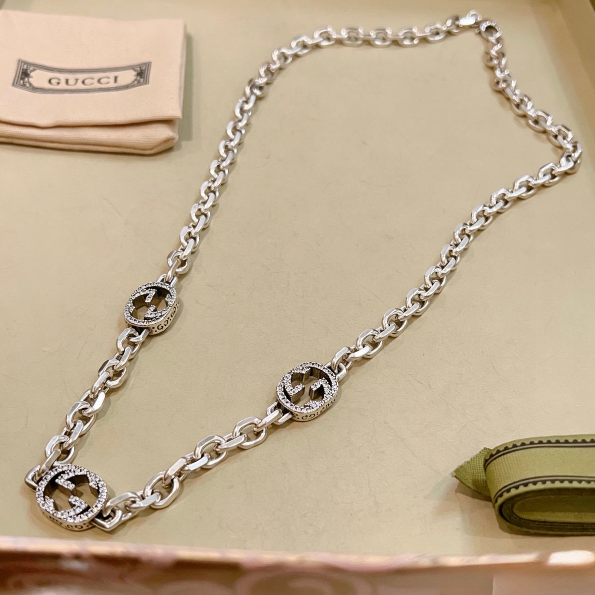 Double-G Emblem Pendant Necklace in Polished Metal-Tone – Design 223 detail view