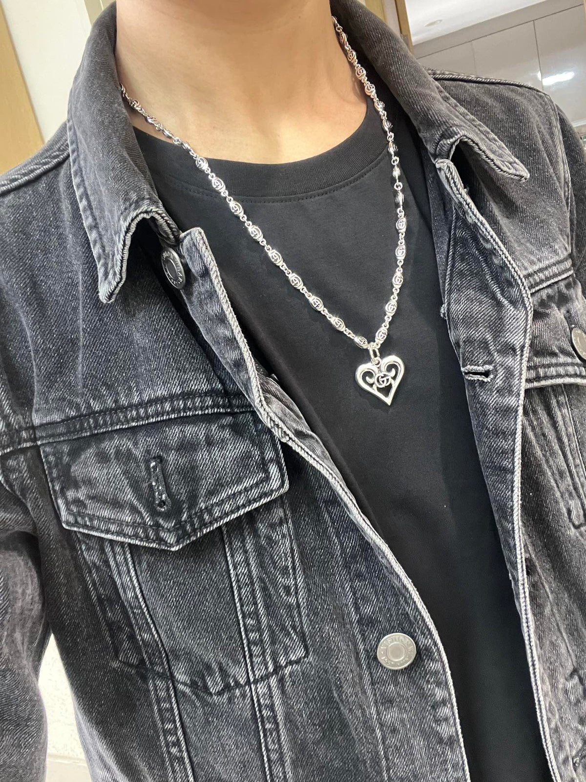 Double-G Emblem Pendant Necklace in Polished Metal-Tone – Design 248 detail view