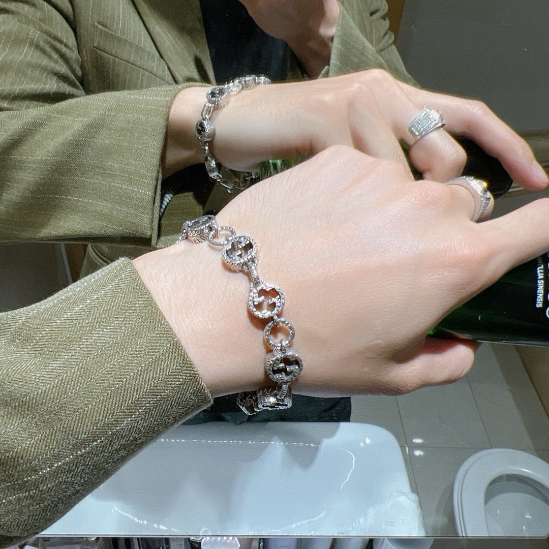 Geometric Emblem Bracelet in Polished Metal-Tone – Design 078 detail view
