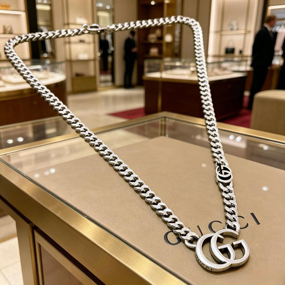 Double-G Emblem Pendant Necklace in Polished Metal-Tone – Vintage Detail – Design 041 detail view