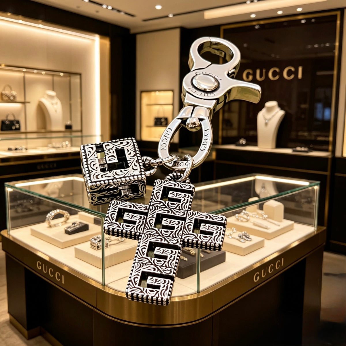 Double-G Emblem Keychain in Polished Metal-Tone – Design 032 styled product view