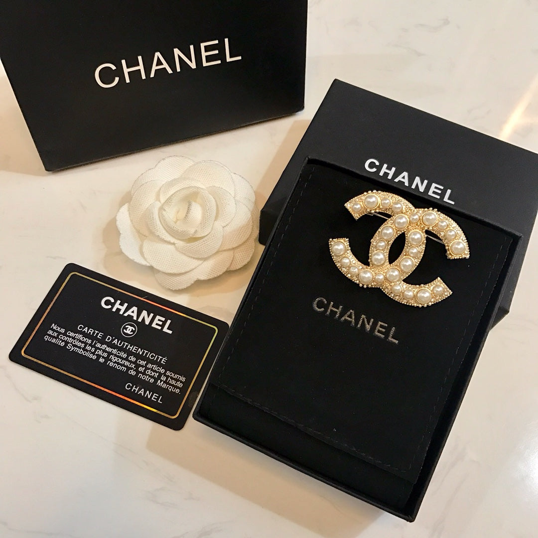 Double-C Emblem Brooch in Polished Metal-Tone – Design 038 styled product view