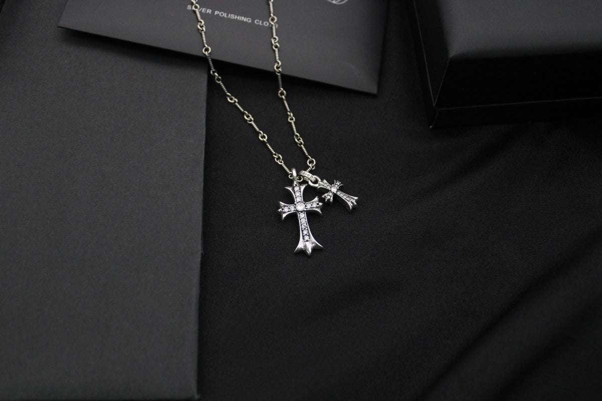 Double Cross Pendant Necklace in Antique Silver-Tone main product view