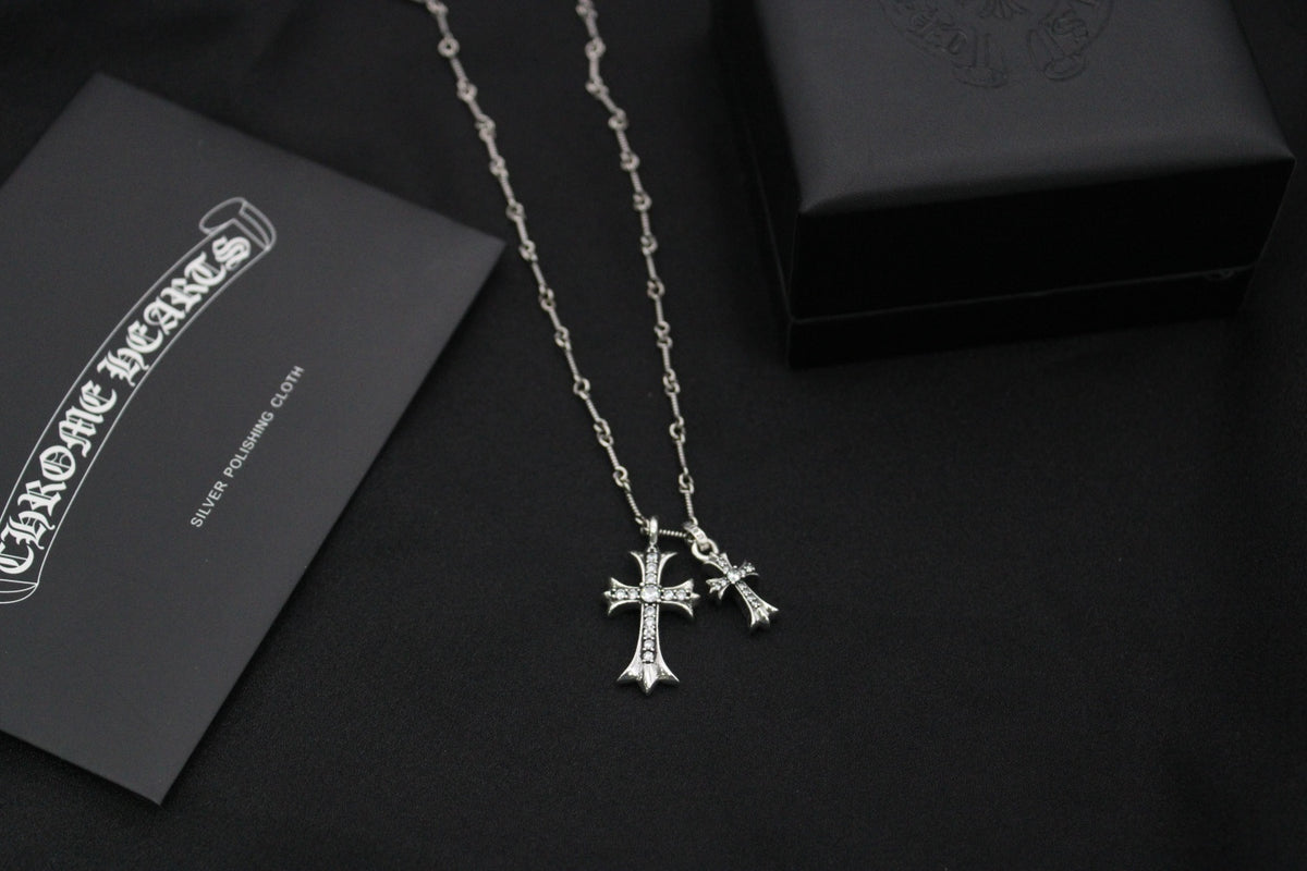 Double Cross Pendant Necklace in Antique Silver-Tone close-up detail