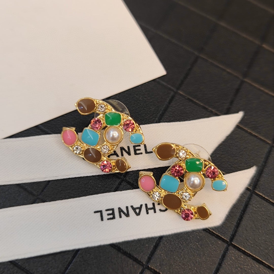 Double-C Emblem Pearl-Detail Stud Earrings – Pearl Detail – Design 021 styled product view