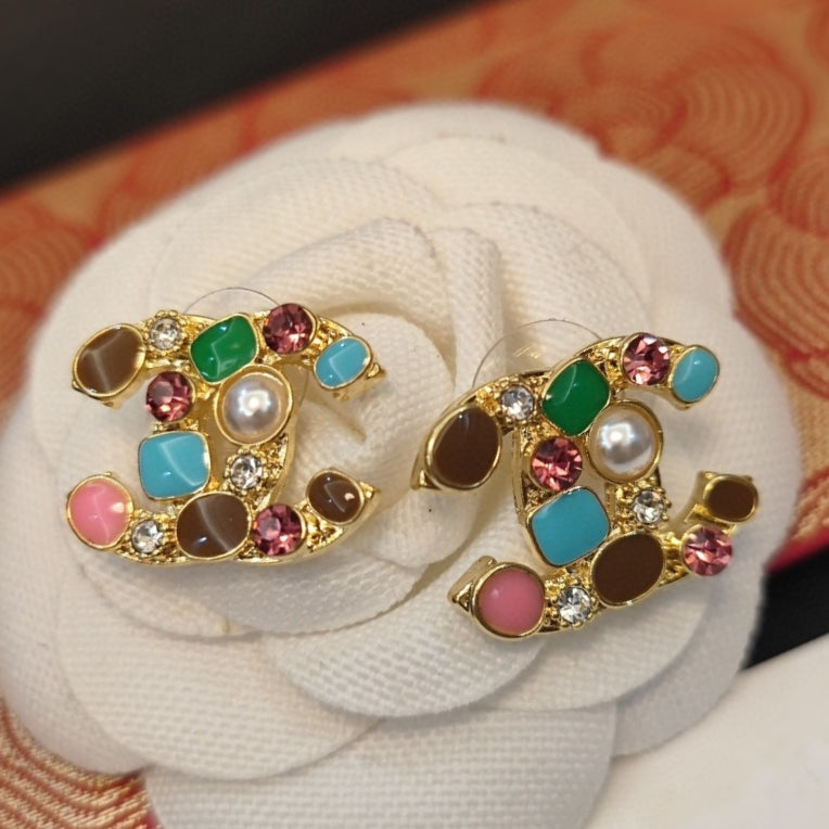 Double-C Emblem Pearl-Detail Stud Earrings – Pearl Detail – Design 021 front product view