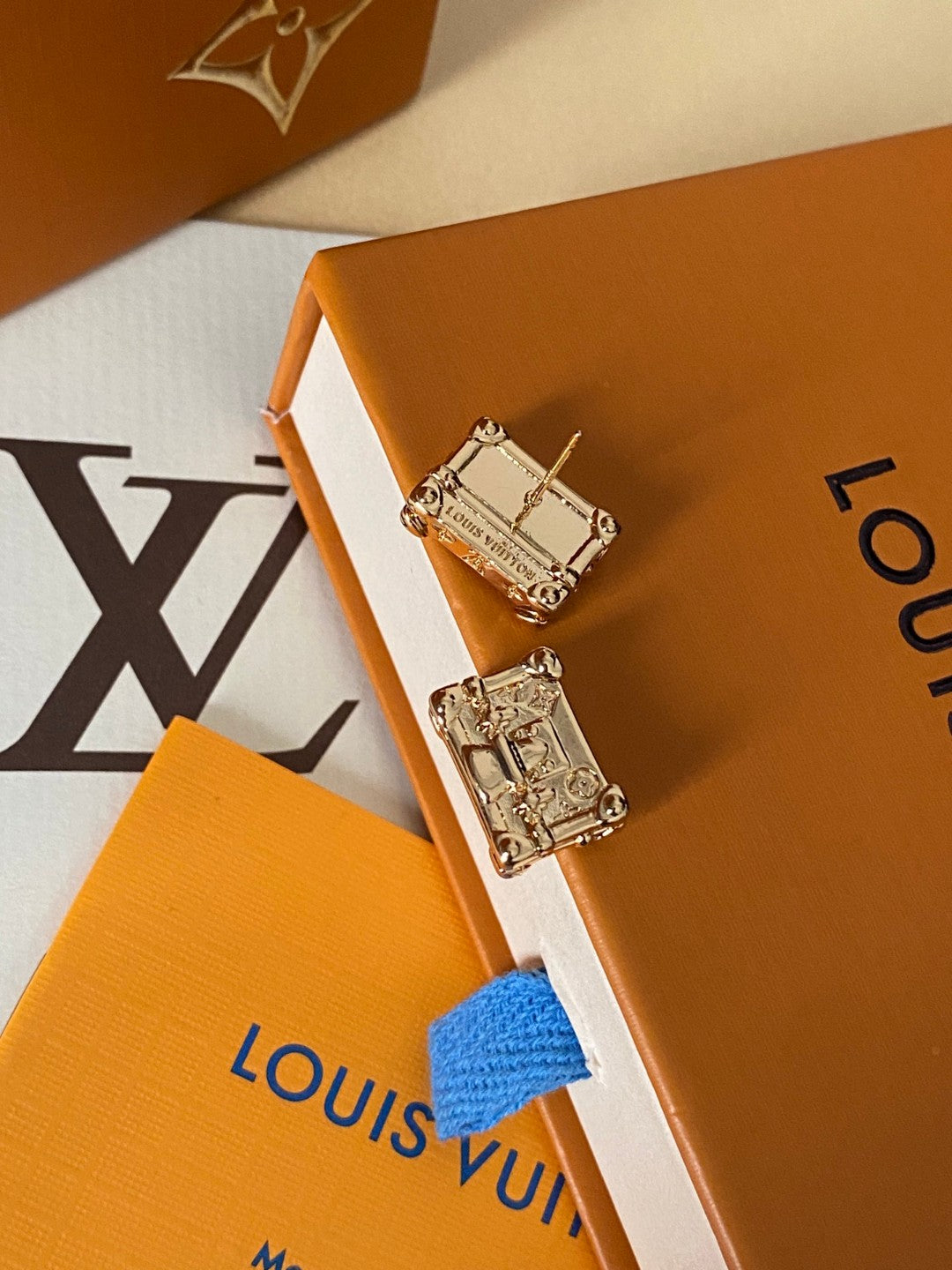 Geometric Emblem Stud Earrings in Gold-Tone – Design 042 detail view