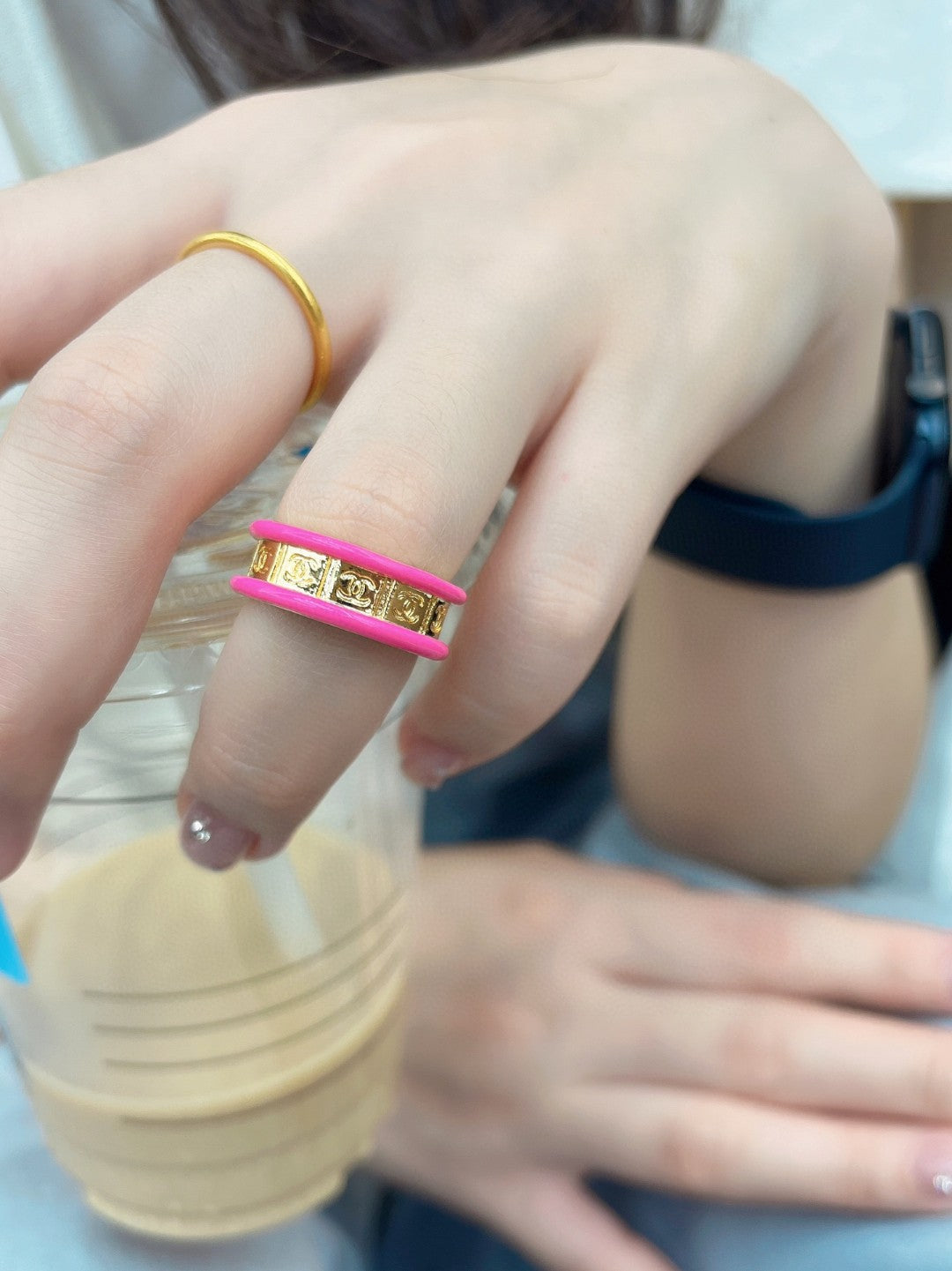Double-C Emblem Statement Ring in Polished Metal-Tone – White Detail – Design 004 main product view