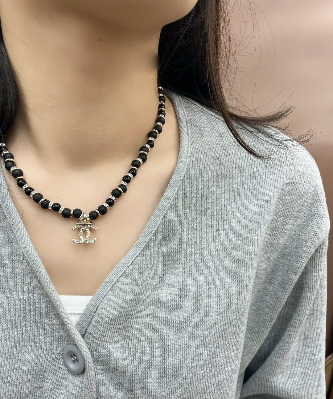 Signature Emblem Pendant Necklace in Polished Metal-Tone – Black Detail – Design 003 side detail