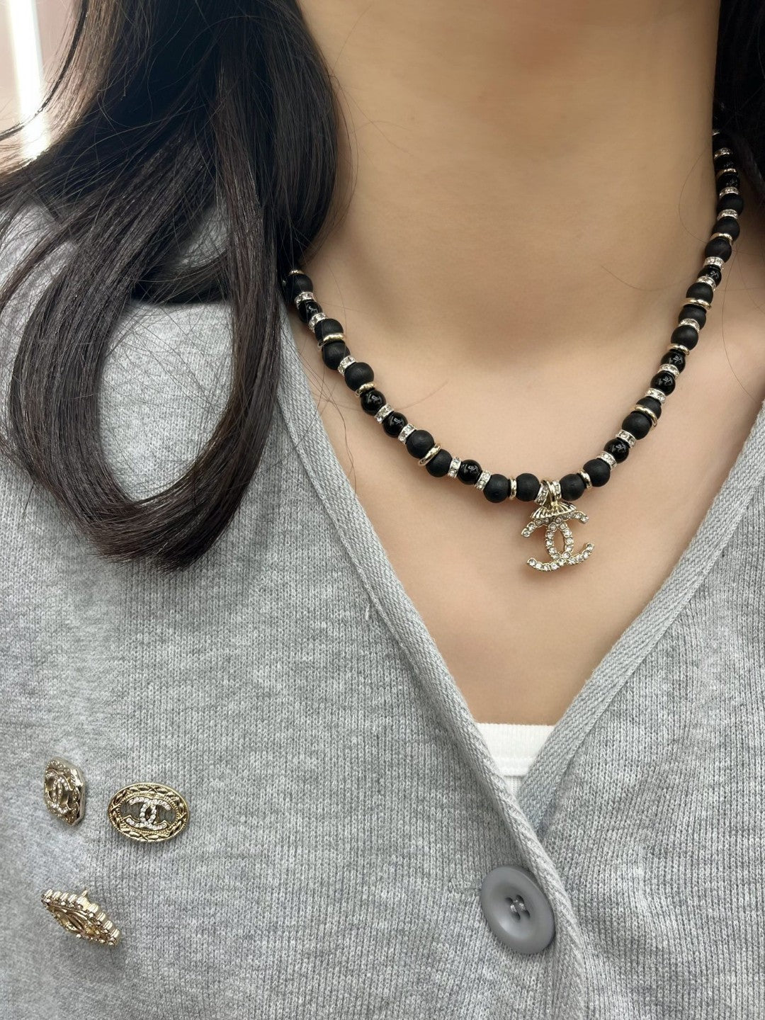 Signature Emblem Pendant Necklace in Polished Metal-Tone – Black Detail – Design 003 main product view