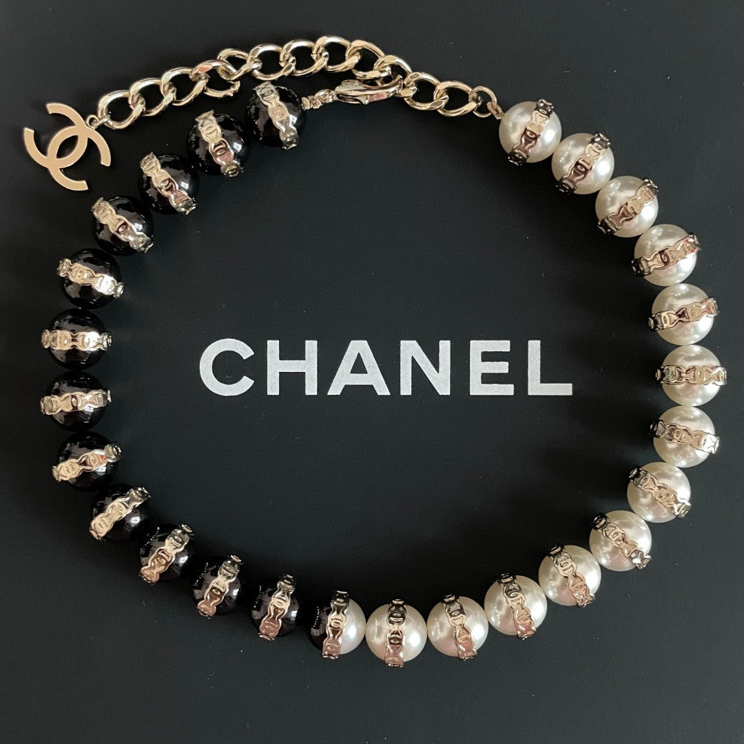 Double-C Emblem Pearl-Detail Pendant Necklace – Pearl Detail – Design 126 side detail
