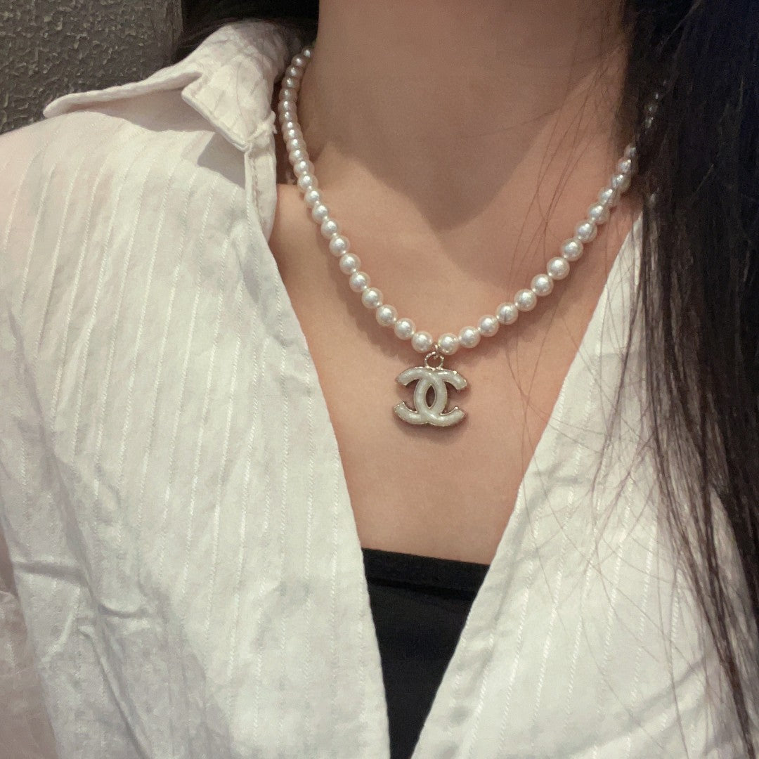 Double-C Emblem Pearl-Detail Pendant Necklace – Pearl Detail – Design 123 main product view