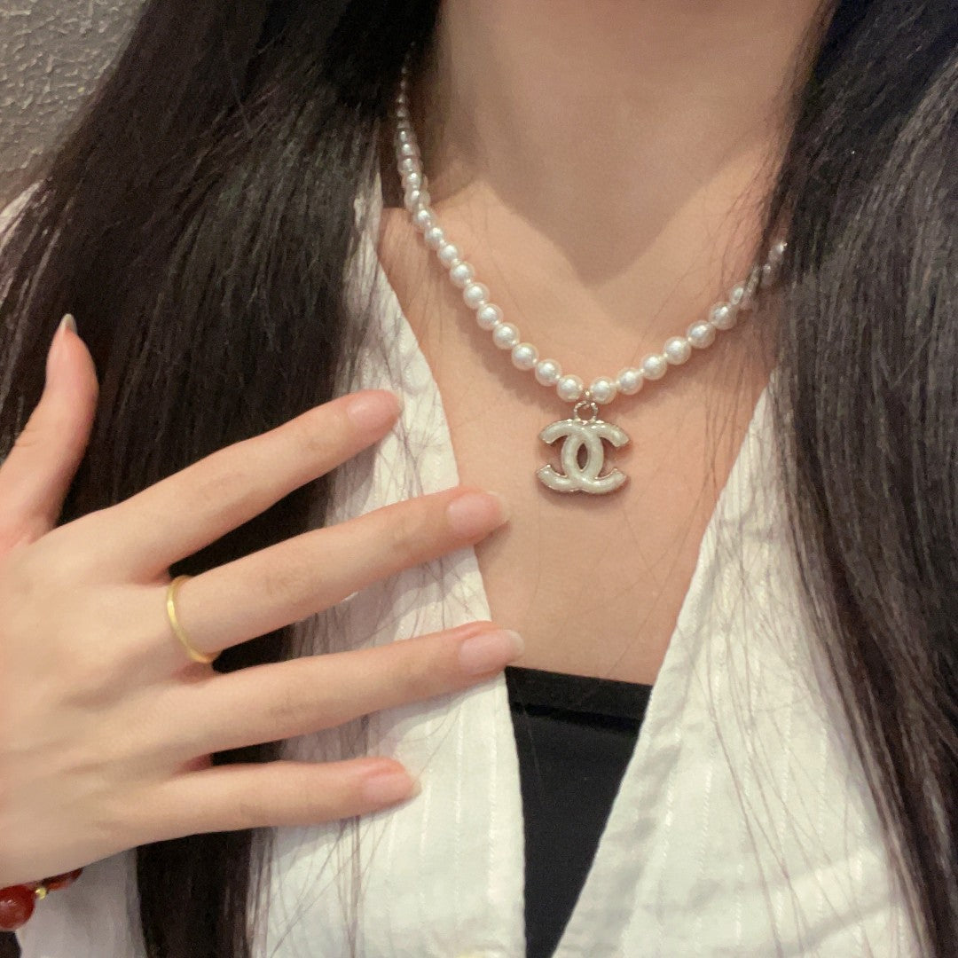 Double-C Emblem Pearl-Detail Pendant Necklace – Pearl Detail – Design 123 front product view