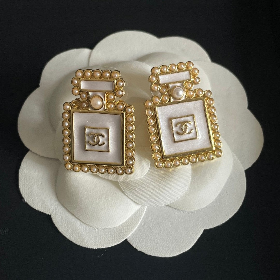 Double-C Emblem Pearl-Detail Stud Earrings – Pearl Detail – Design 026 front product view