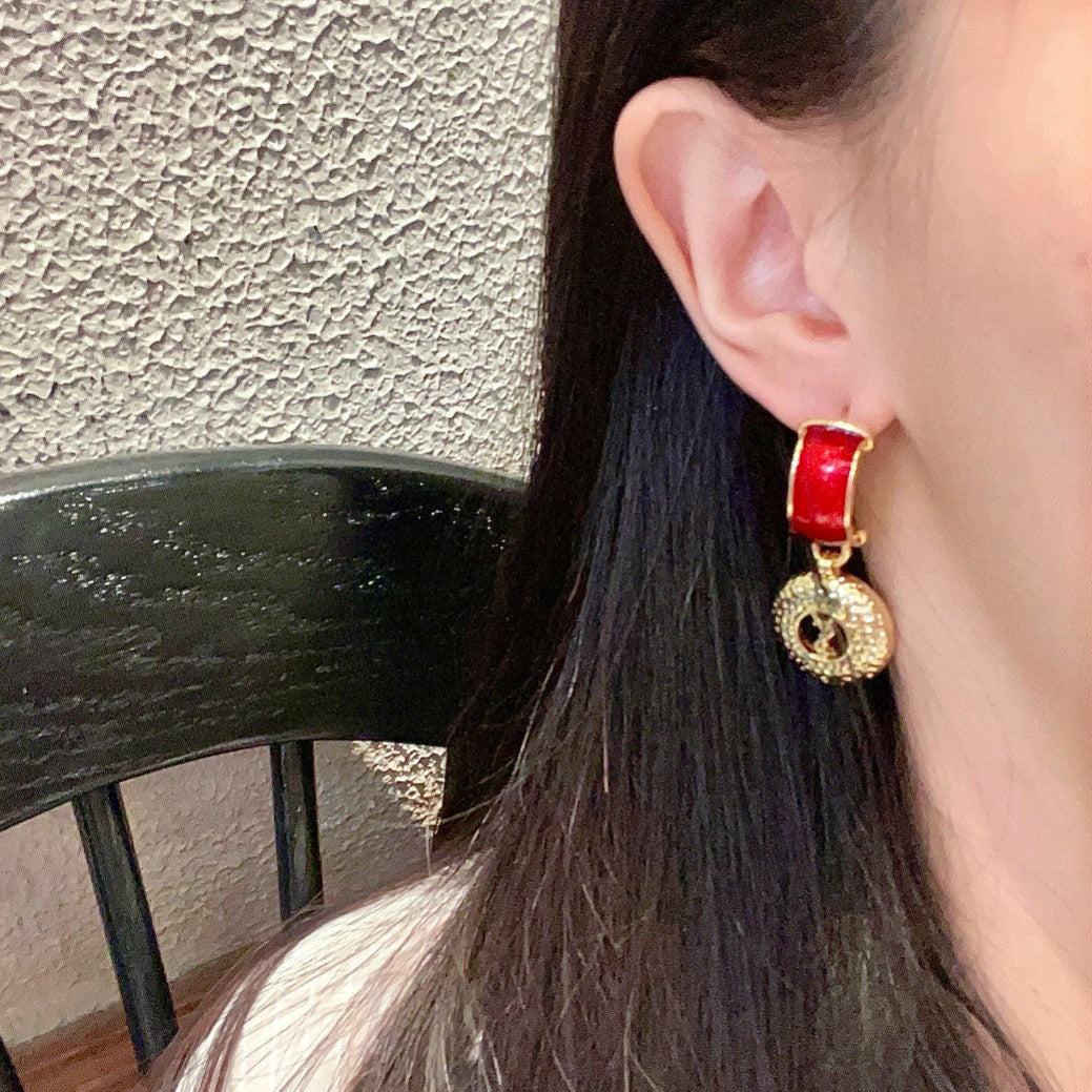 Letter Emblem Statement Earrings in Polished Metal-Tone detail view