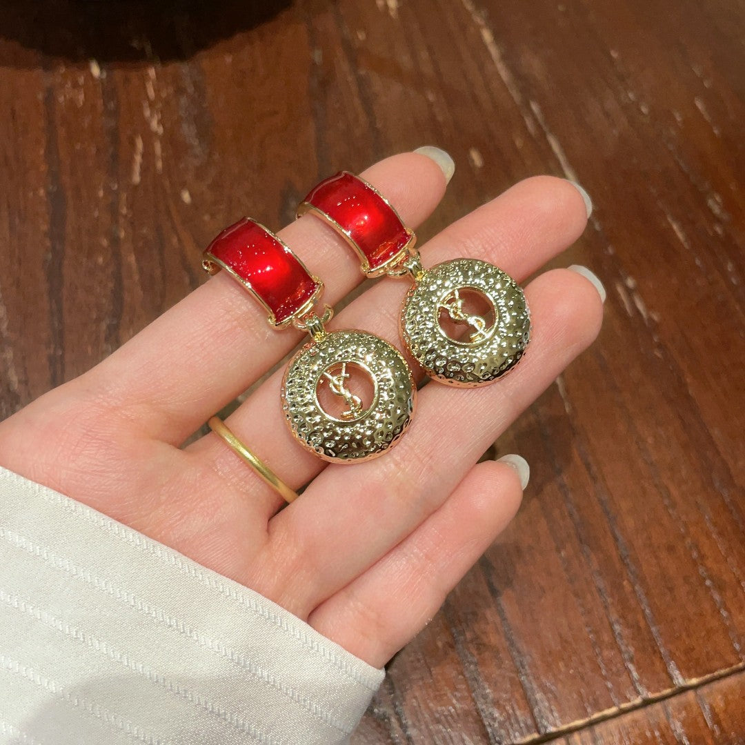 Letter Emblem Statement Earrings in Polished Metal-Tone detail view
