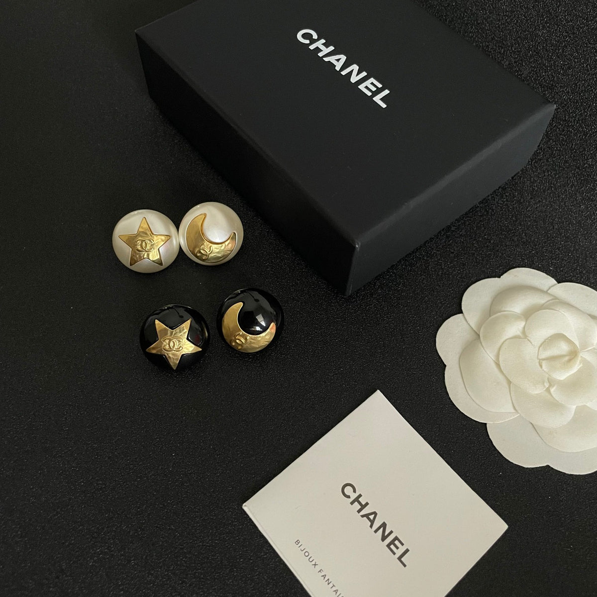 Double-C Emblem Stud Earrings in Polished Metal-Tone – Design 390 styled product view