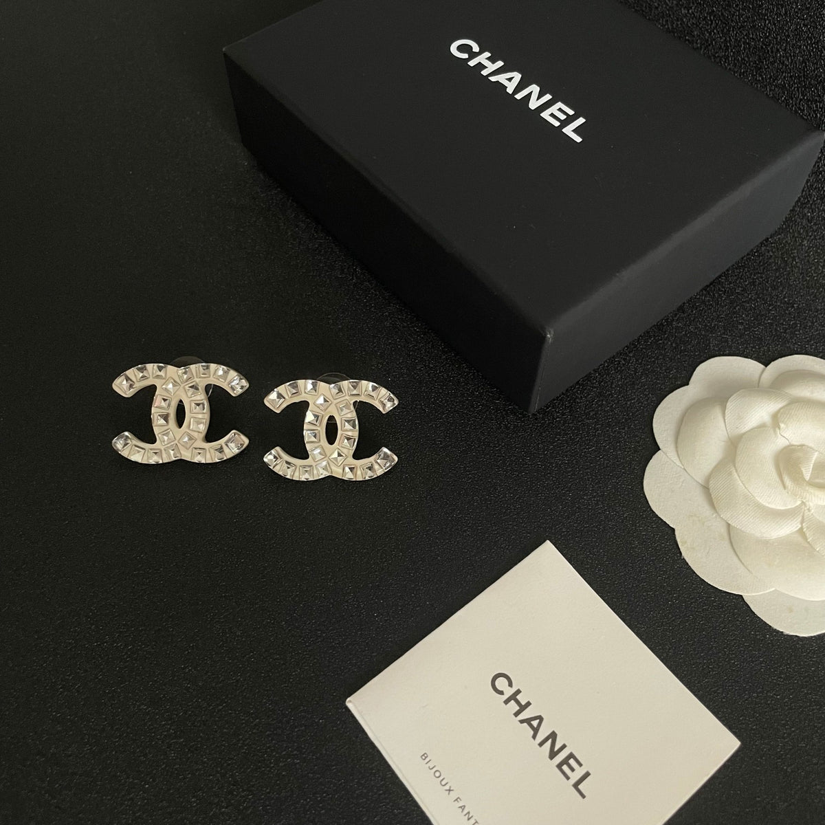 Double-C Emblem Crystal-Accent Stud Earrings – Design 057 close-up detail