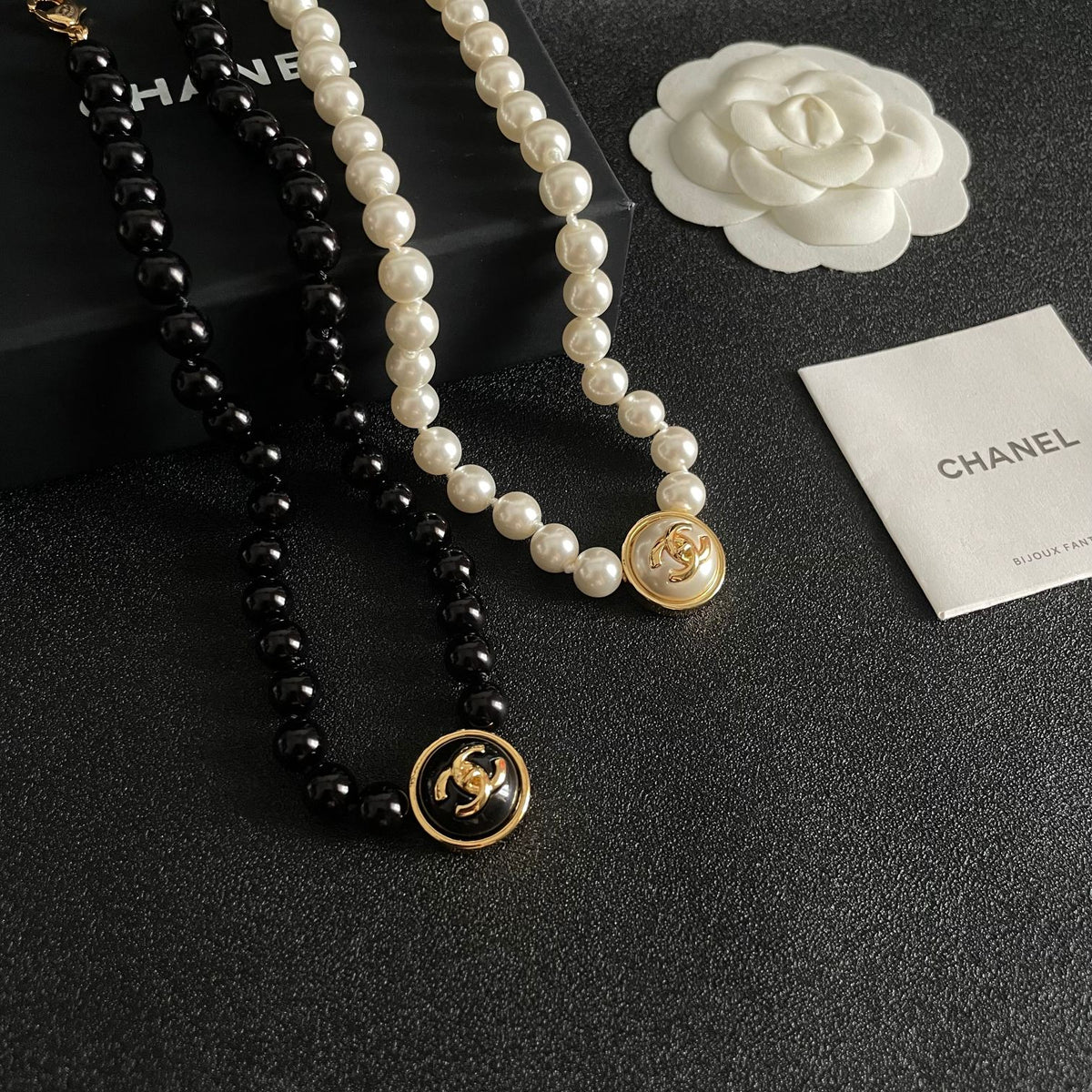Double-C Emblem Pearl-Detail Pendant Necklace – Pearl Detail – Design 118 close-up detail