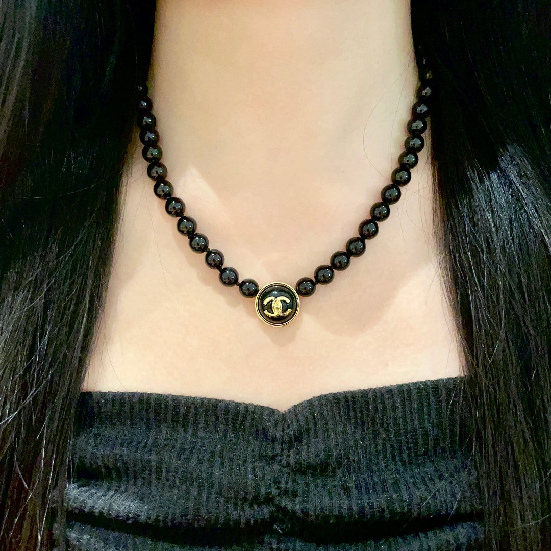 Double-C Emblem Pearl-Detail Pendant Necklace – Pearl Detail – Design 118 detail view