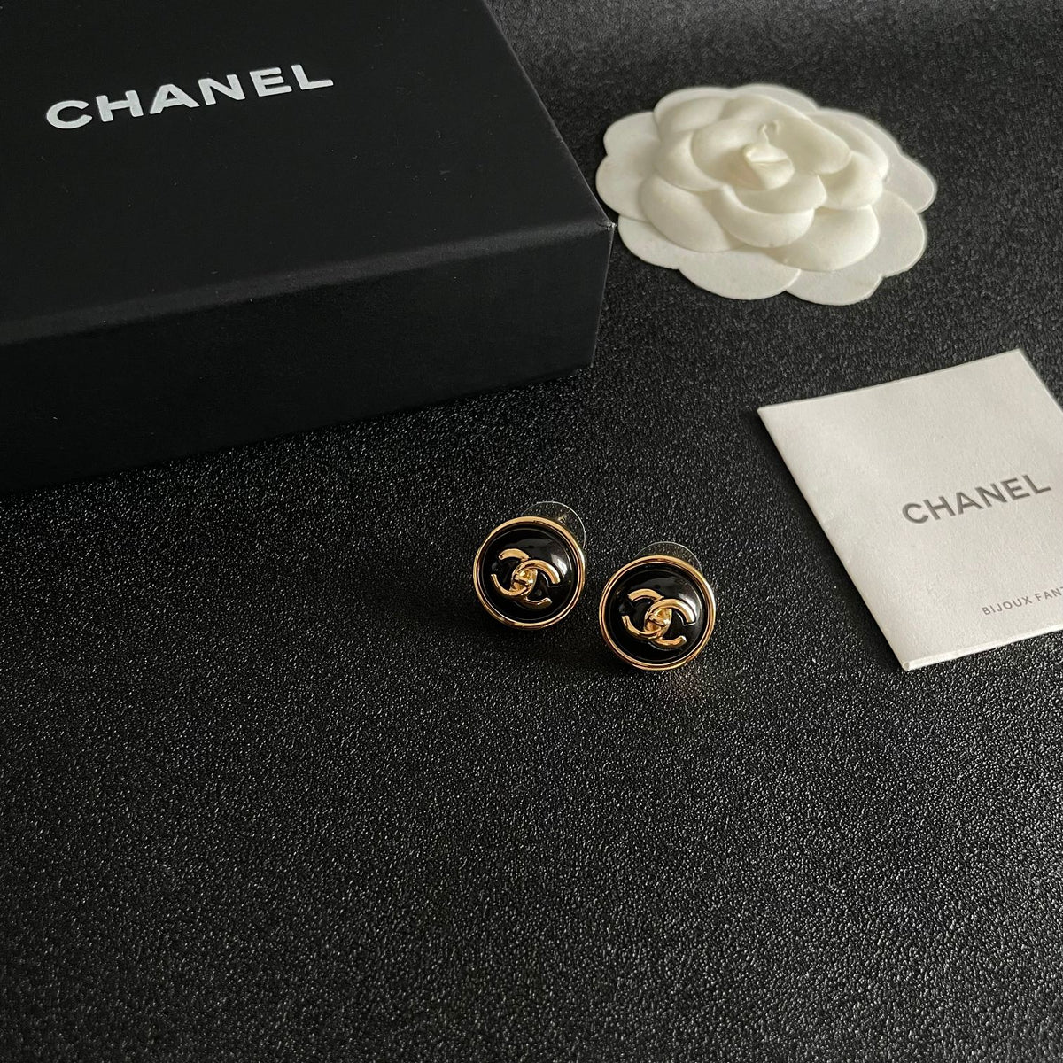 Double-C Emblem Stud Earrings in Polished Metal-Tone – Design 378 styled product view