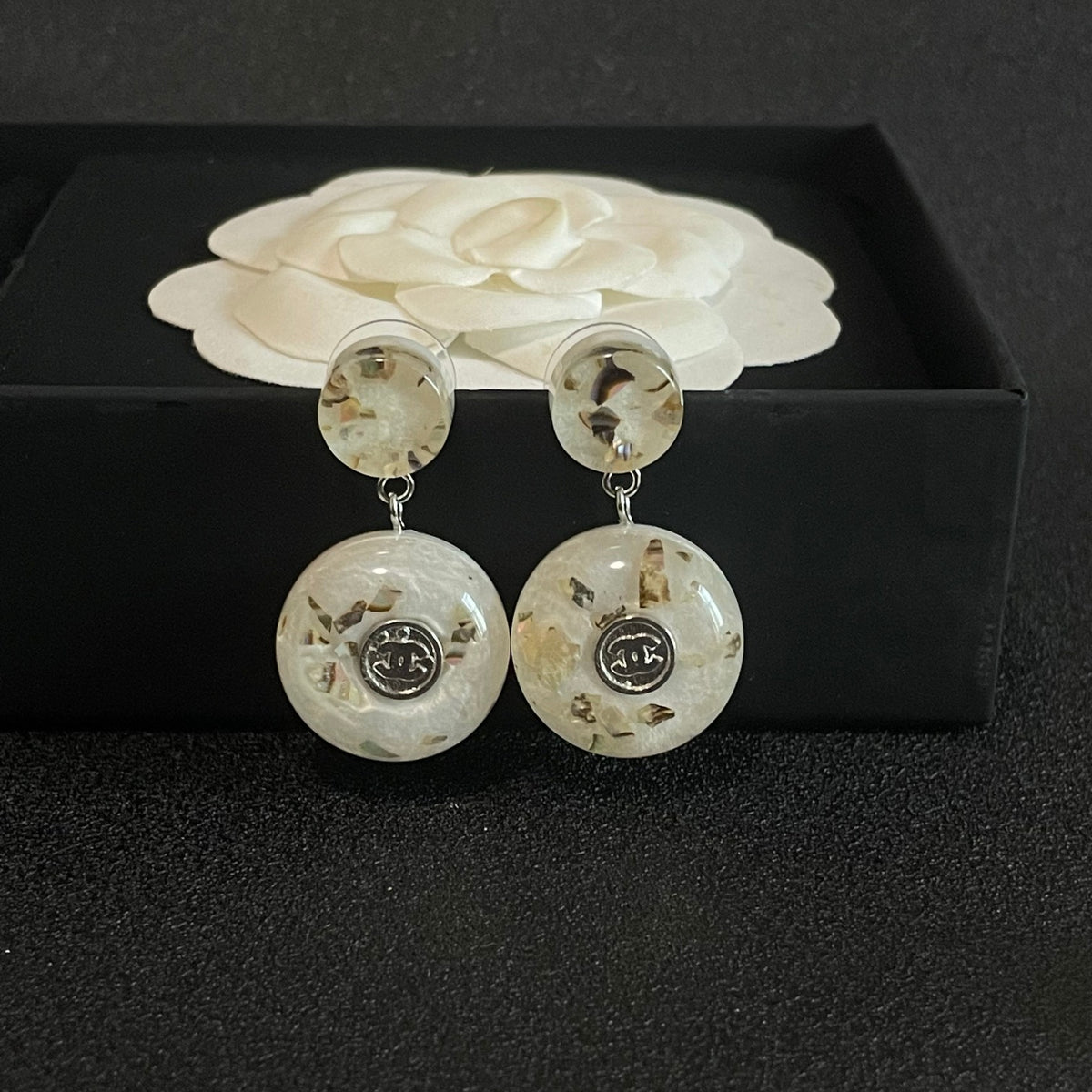 Double-C Emblem Pearl-Detail Statement Earrings – Pearl Detail – Design 029 styled product view