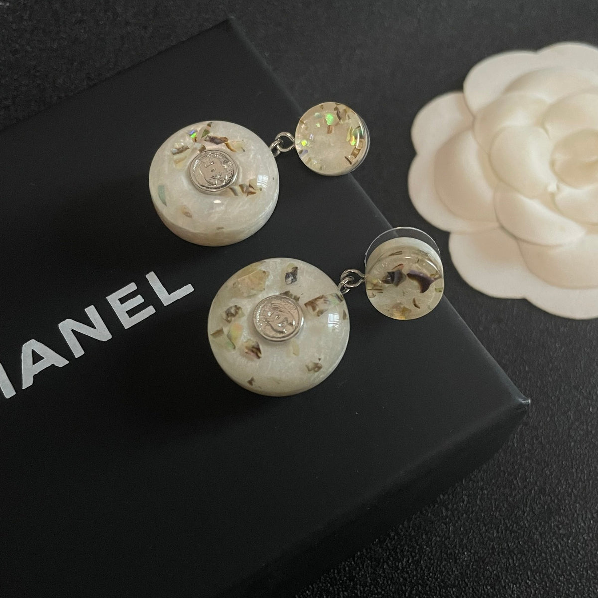 Double-C Emblem Pearl-Detail Statement Earrings – Pearl Detail – Design 029 detail view