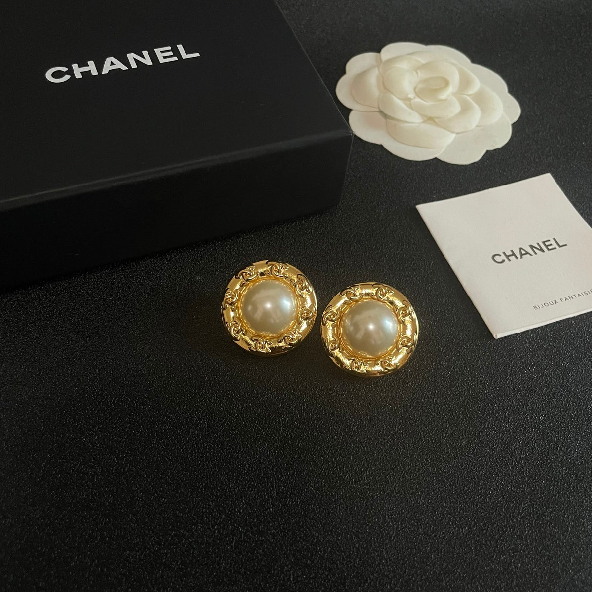 Double-C Emblem Pearl-Detail Stud Earrings – Pearl Detail – Design 025 styled product view