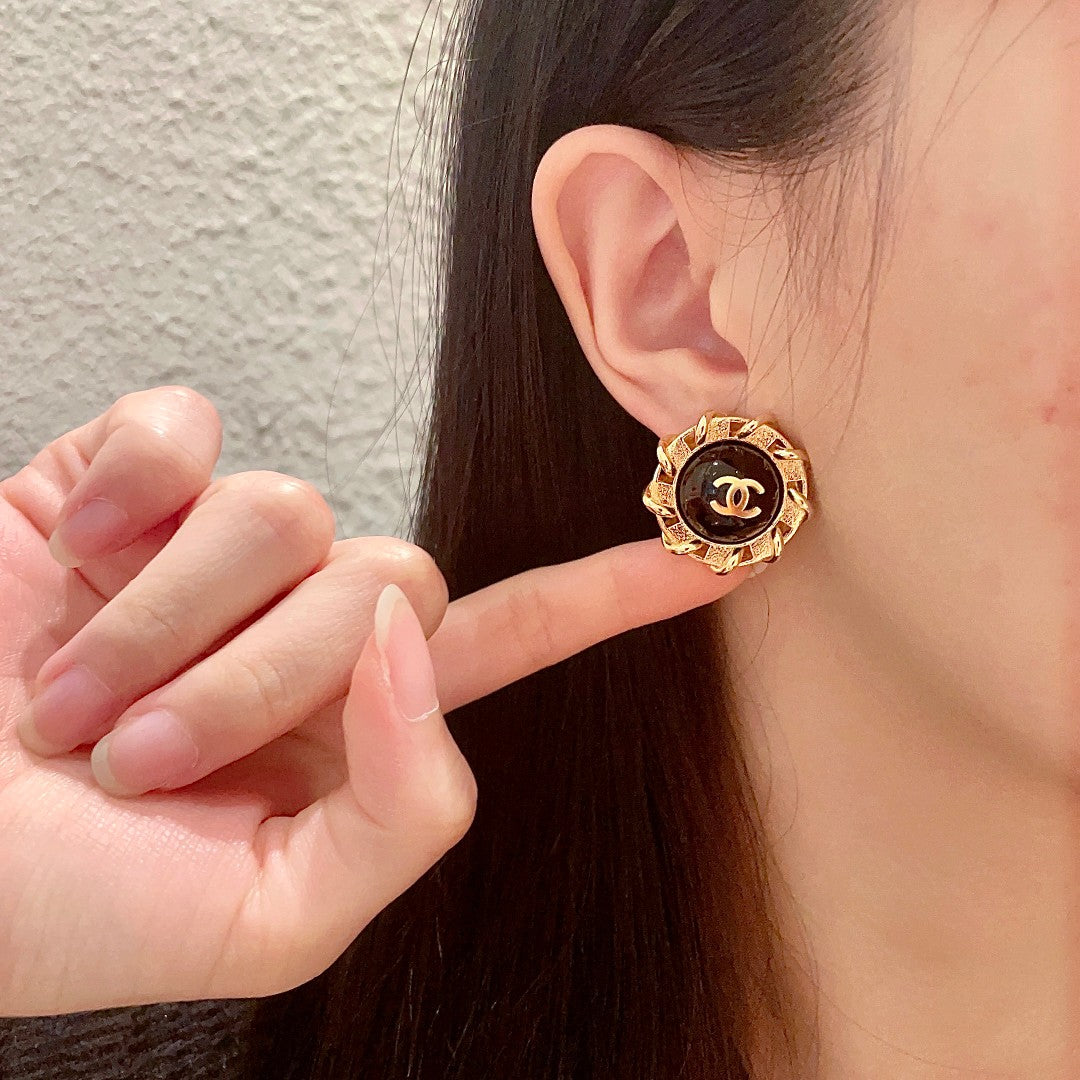 Double-C Emblem Stud Earrings in Polished Metal-Tone – Design 376 front product view